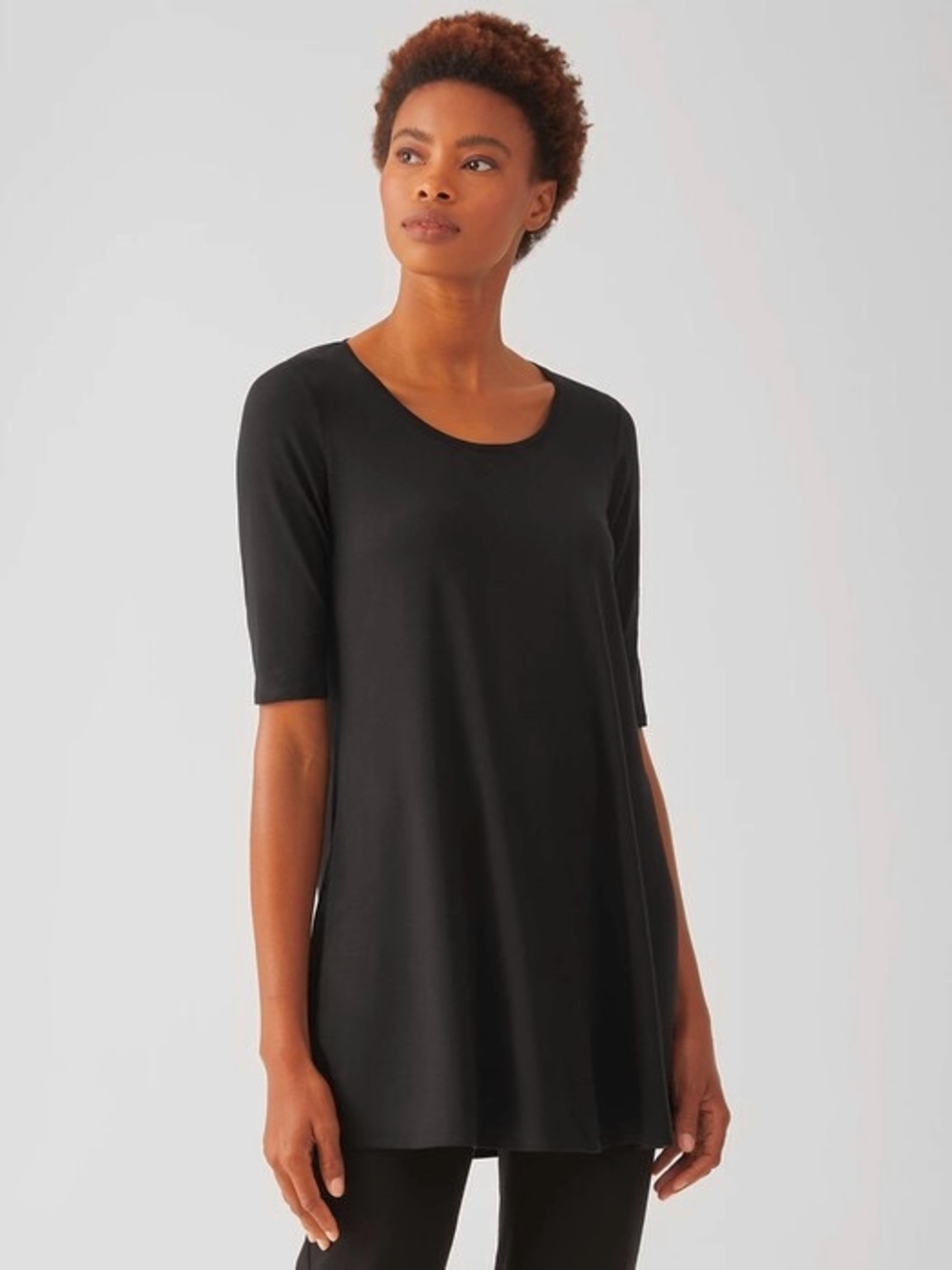 Eileen Fisher NWT Fine Jersey Scoop Neck Tunic Elbow Sleeve In Black Size S